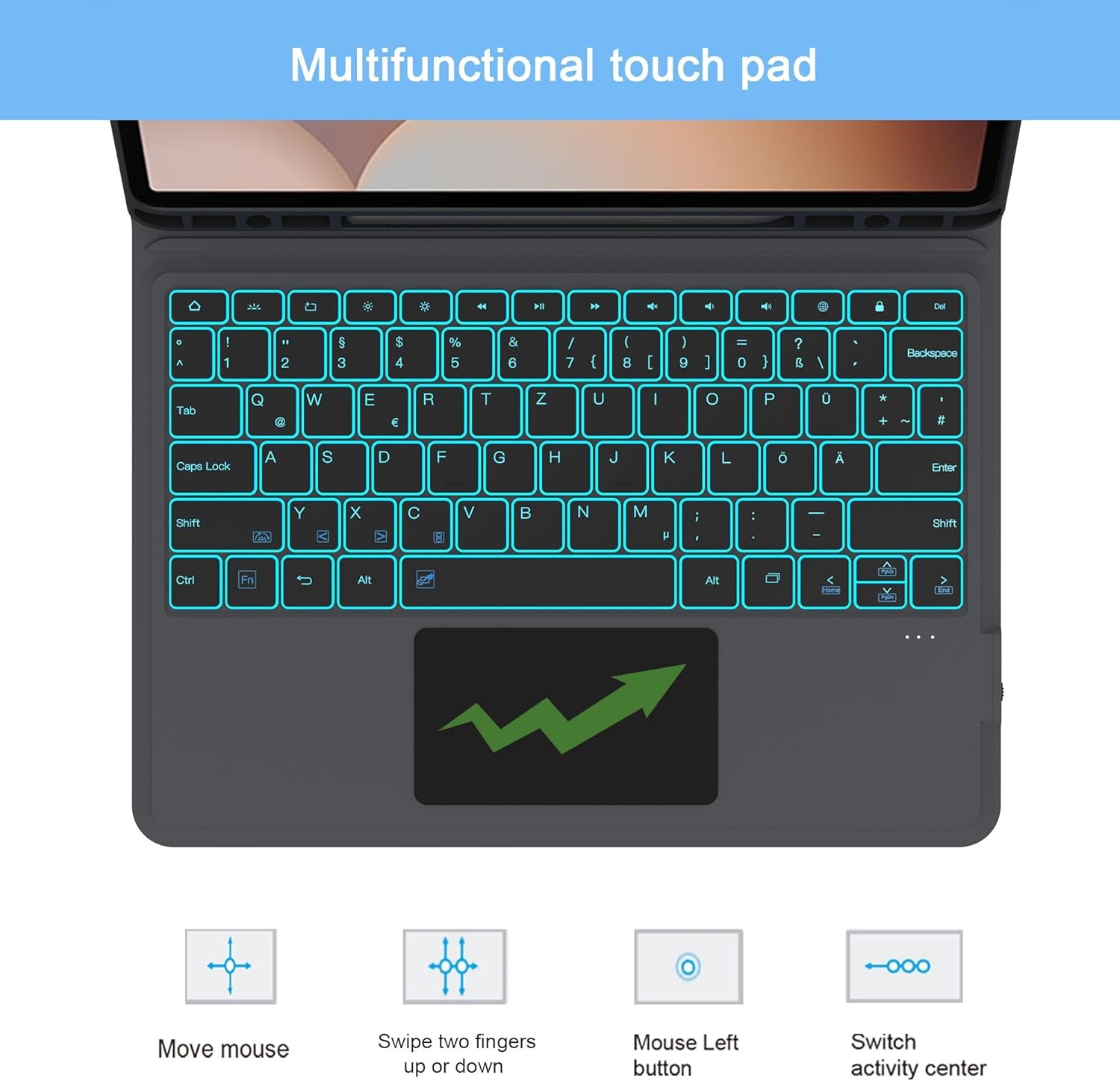 Toetsenbord hoes voor Samsung Galaxy Tab S10+/S9 FE+/S9+ Plus 12,4 inch: 7 kleuren verlichting en QWERTZ-lay-out toetsenbord met touchpad | Tab S9Plus/S10 Plus 5G tablet toetsenborden beschermhoes met