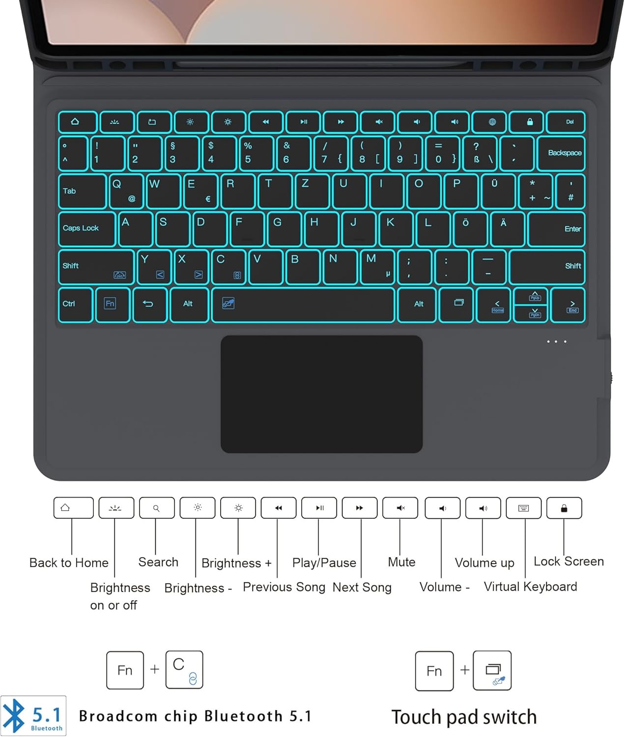 Toetsenbord hoes voor Samsung Galaxy Tab S10+/S9 FE+/S9+ Plus 12,4 inch: 7 kleuren verlichting en QWERTZ-lay-out toetsenbord met touchpad | Tab S9Plus/S10 Plus 5G tablet toetsenborden beschermhoes met