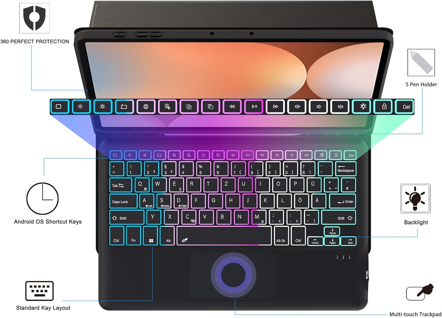 ROOFEI Galaxy Tab S9+ hoesje met toetsenbord, QWERTZ-lay-out, 12,4 inch Galaxy Tab S9 Plus toetsenbord met touchpad, 3-zone verlichting, doe-het-zelf toetsenbordhoes voor Samsung Galaxy Tab S9+/S9