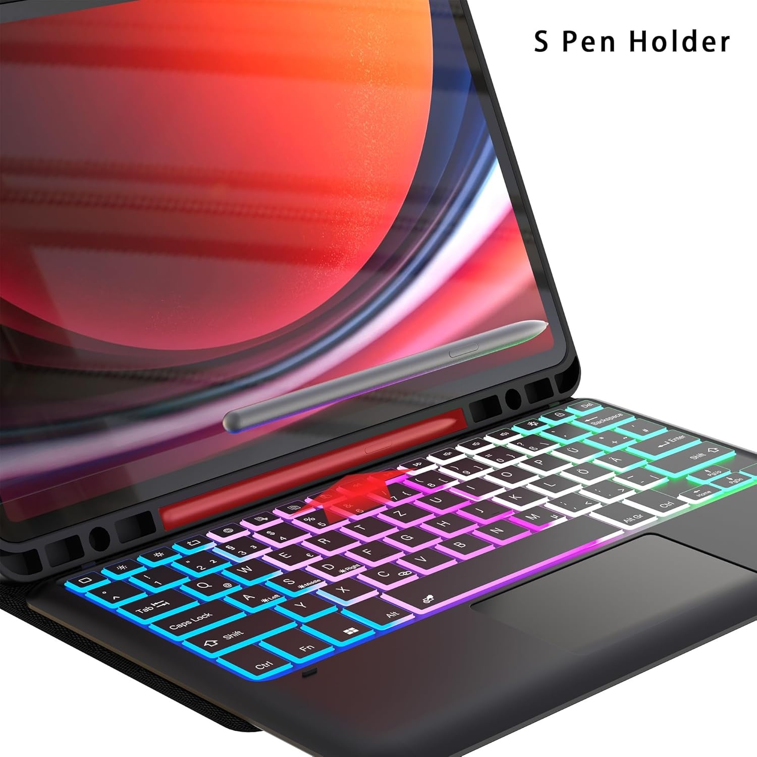 ROOFEI Galaxy Tab S9+ hoesje met toetsenbord, QWERTZ-lay-out, 12,4 inch Galaxy Tab S9 Plus toetsenbord met touchpad, 3-zone verlichting, doe-het-zelf toetsenbordhoes voor Samsung Galaxy Tab S9+/S9