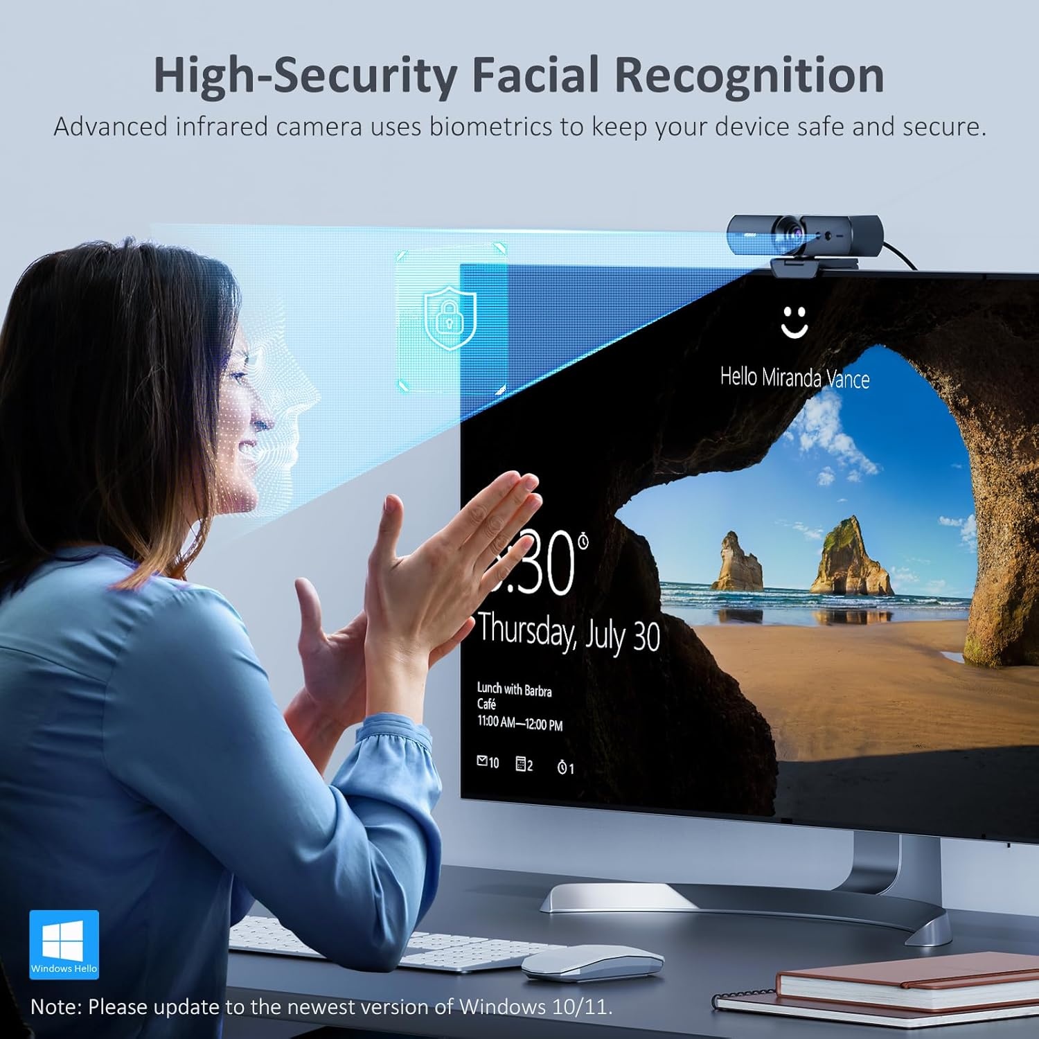 NexiGo HelloCam, 1080p webcam met Windows Hello en microfoon, echte privacy met gepatenteerde automatische sluiter, gezichtsverbetering, HD USB-webcamcamera voor pc, videogesprekken, opname,