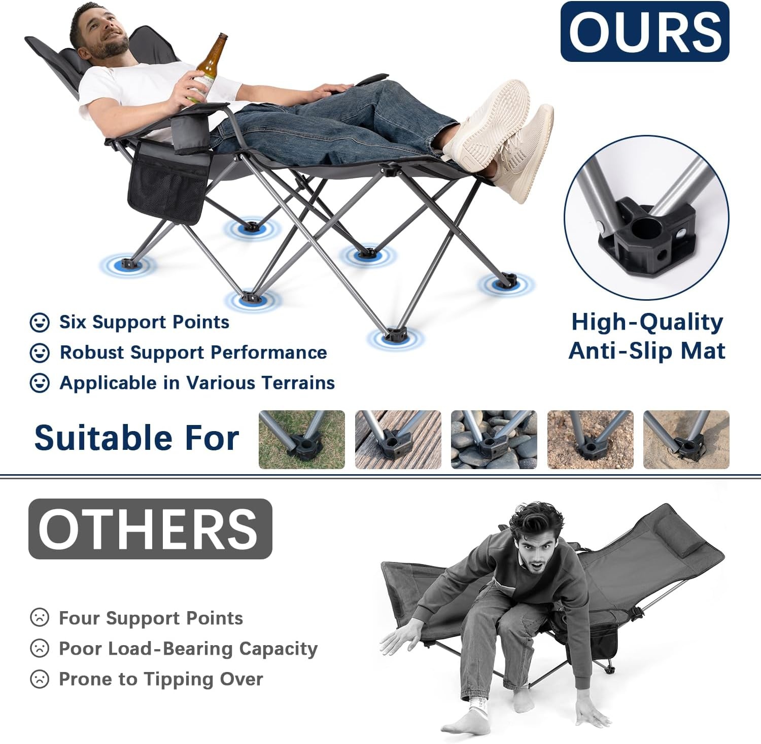 APOLLO WALKER Strandstoelen Voor Volwassenen: 6-poot Strandstoelen, Laag Opvouwbaar, Lichtgewicht, Ademend Gaas, Opvouwbare Tuinstoelen, 90°tot 135° Verstelbaar Voor Buiten（Grijs）