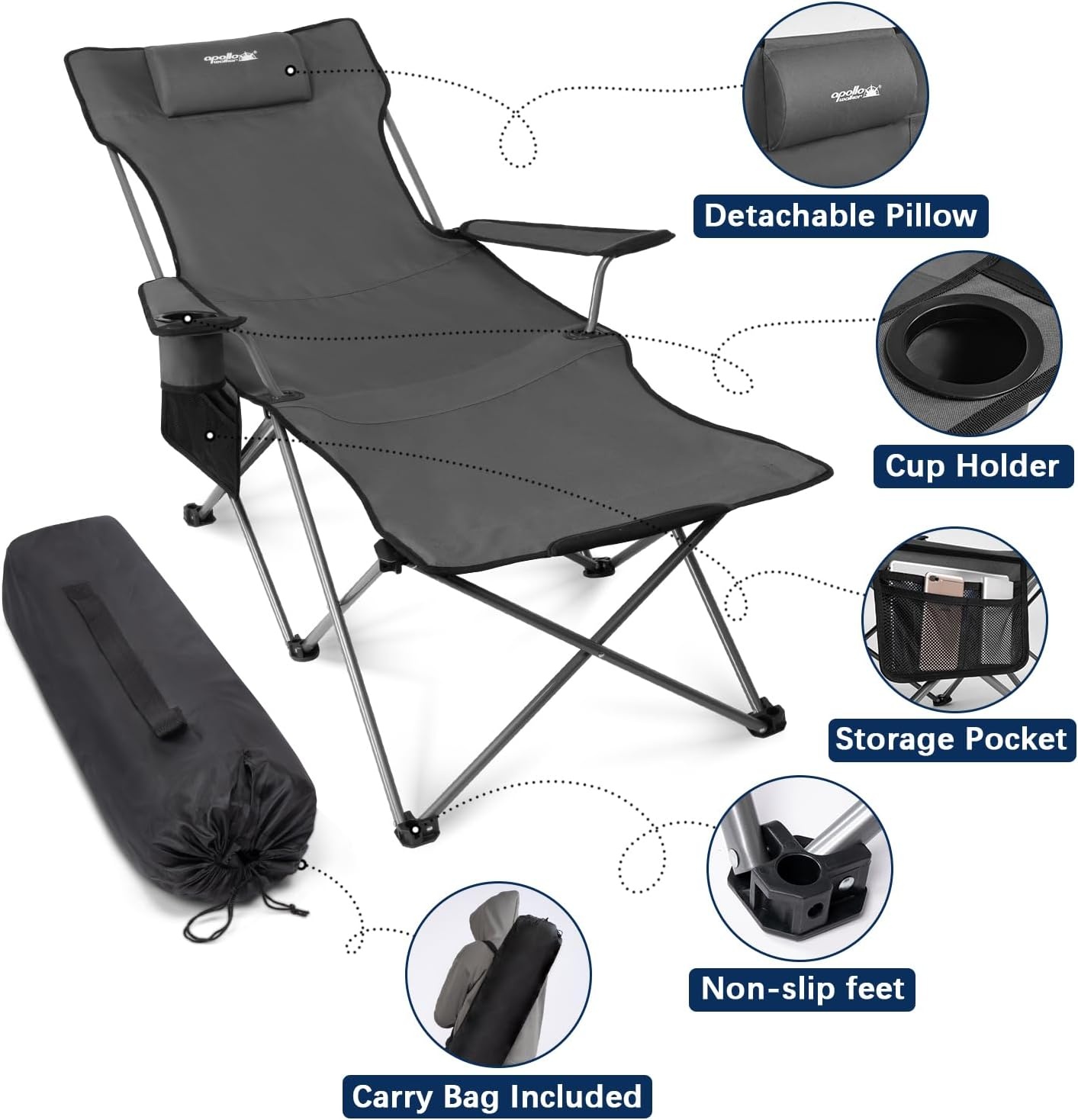 APOLLO WALKER Strandstoelen Voor Volwassenen: 6-poot Strandstoelen, Laag Opvouwbaar, Lichtgewicht, Ademend Gaas, Opvouwbare Tuinstoelen, 90°tot 135° Verstelbaar Voor Buiten（Grijs）