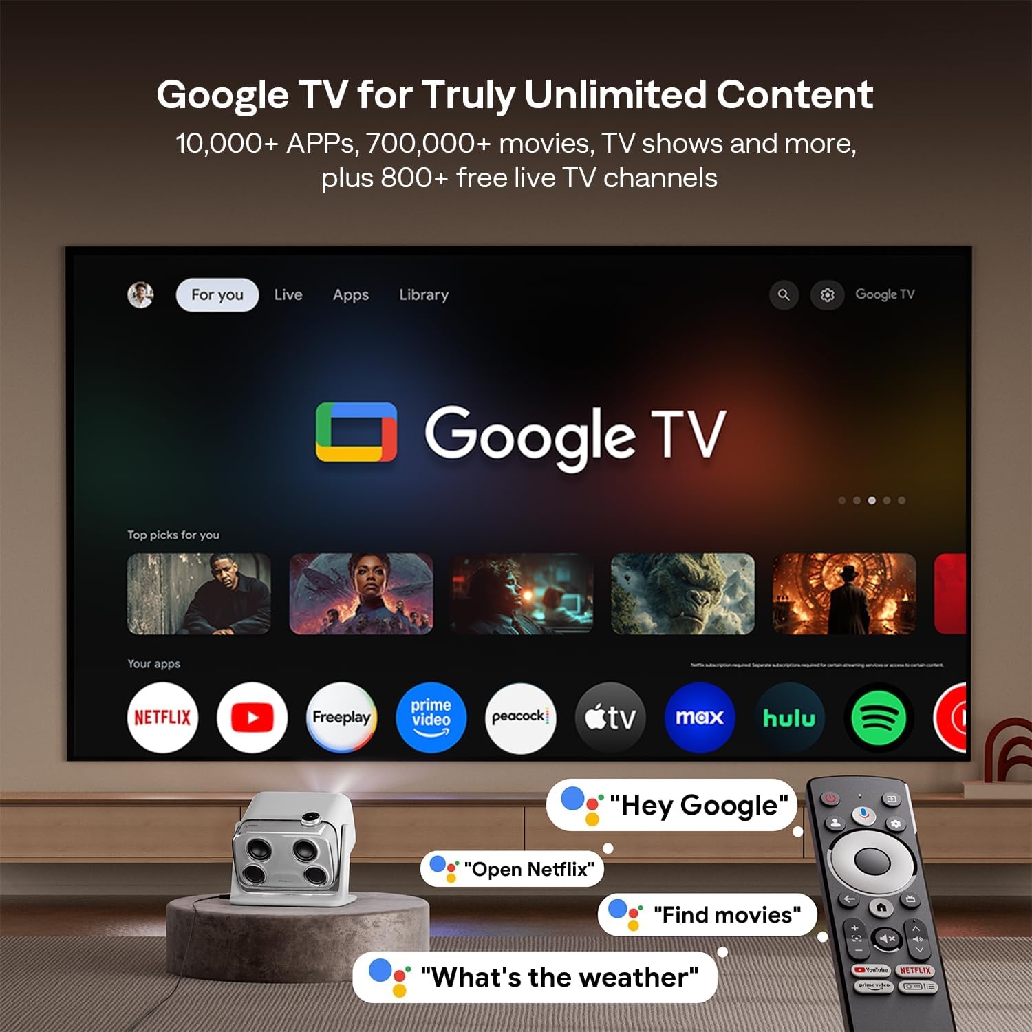 Aurzen BOOM mini Google TV Smart Projector, 4K ondersteund, 500 ANSI Lumens, WiFi, Bluetooth, Dolby Audio, Grijs