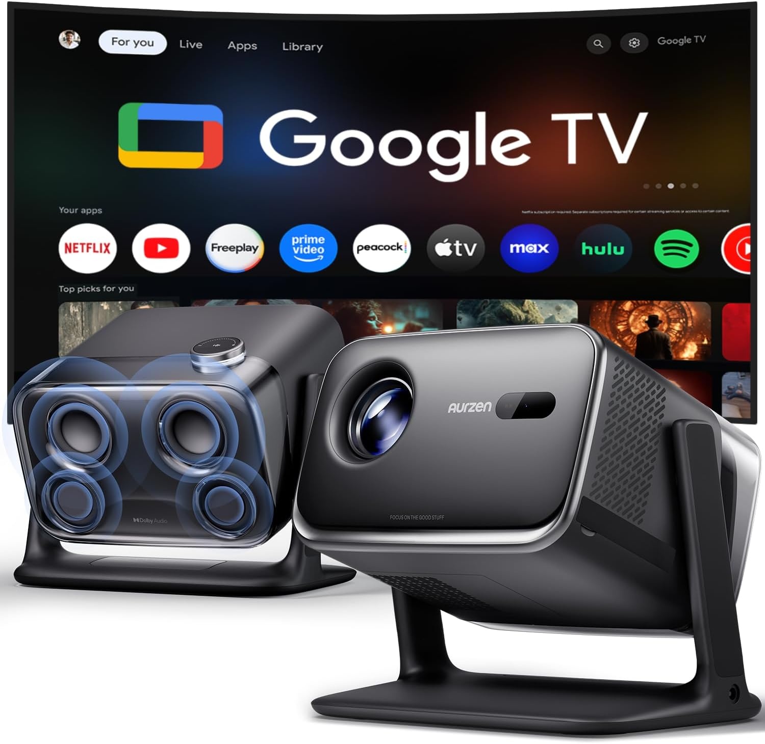 Aurzen BOOM mini Google TV Smart Projector, 4K ondersteund, 500 ANSI Lumens, WiFi, Bluetooth, Dolby Audio, Grijs