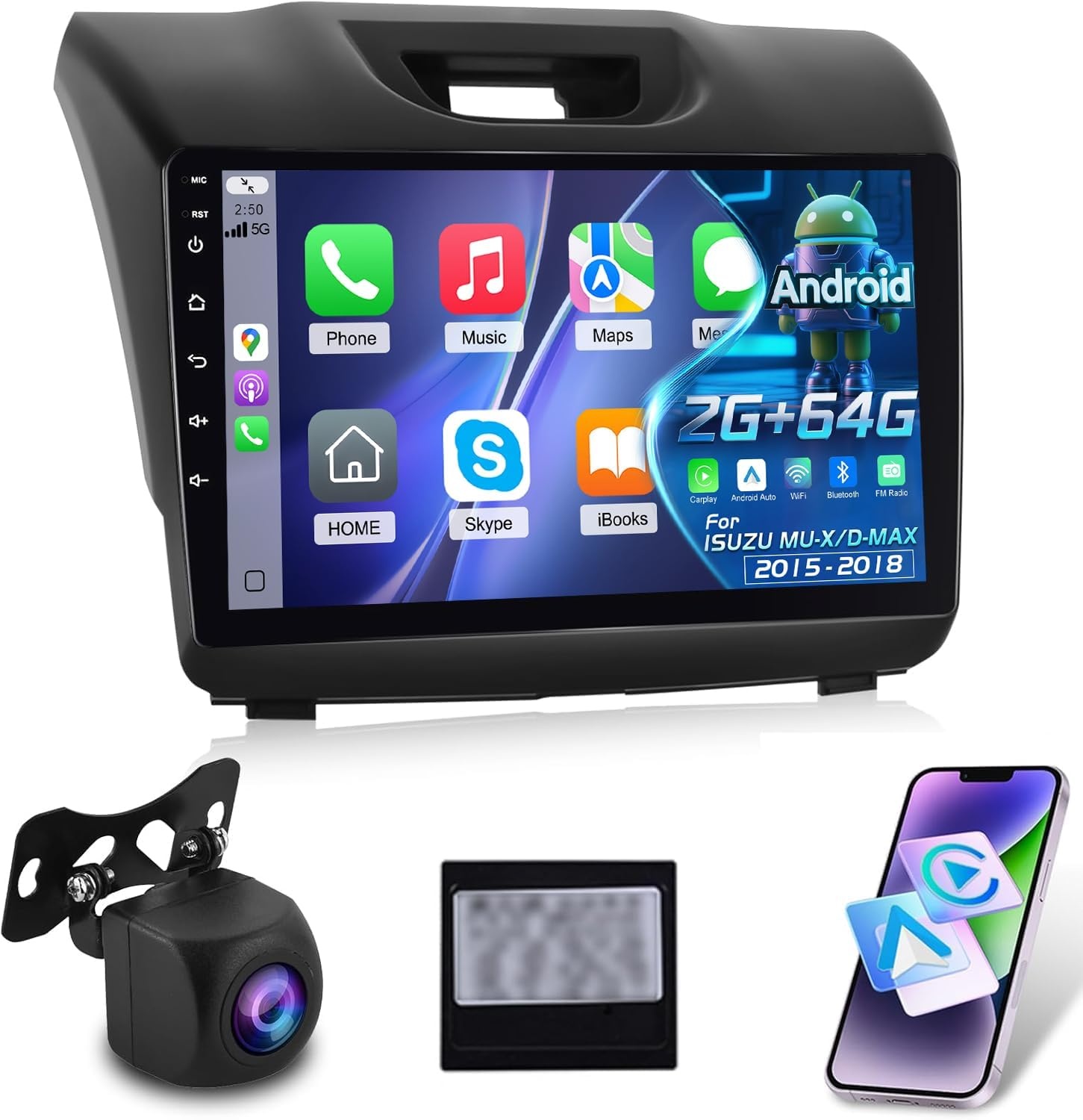 Android Autoradio 2G+64GB voor Isuzu MU-X/D-MAX 2015-2018 met Draadloze CarPlay & Android Auto