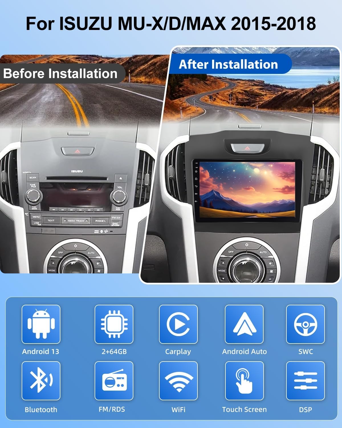 Android Autoradio 2G+64GB voor Isuzu MU-X/D-MAX 2015-2018 met Draadloze CarPlay & Android Auto