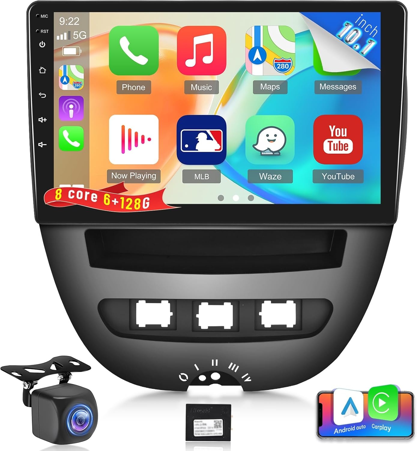 NHOPEEW 8 Core 6+128G autoradio voor Peugeot 107 / Citroen C1 / Toyota Aygo 2004-2014 - 10,1 inch Android autoradio met Carplay en Android Auto, WiFi, GPS, DSP FM RDS + achteruitrijcamera