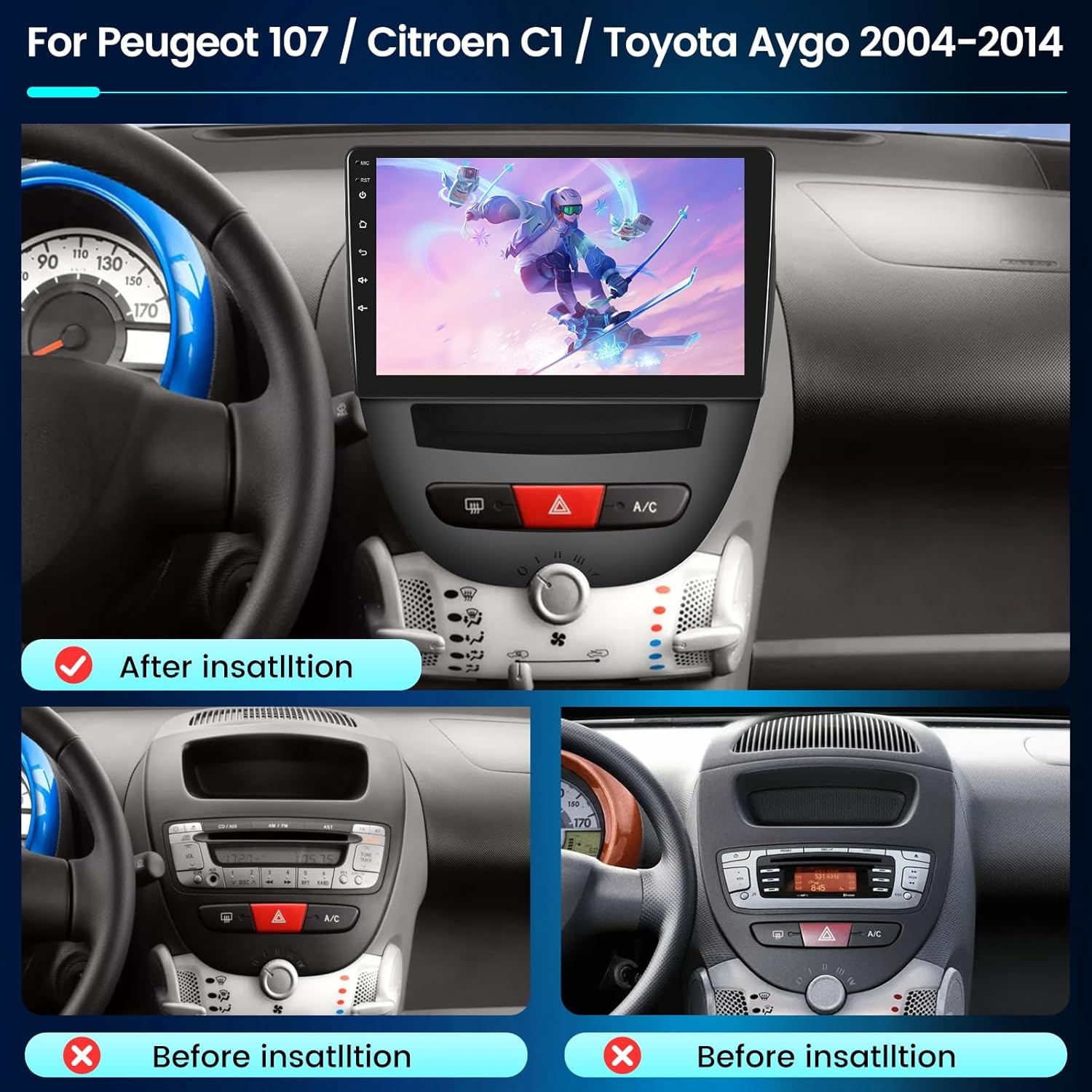 NHOPEEW 8 Core 6+128G autoradio voor Peugeot 107 / Citroen C1 / Toyota Aygo 2004-2014 - 10,1 inch Android autoradio met Carplay en Android Auto, WiFi, GPS, DSP FM RDS + achteruitrijcamera