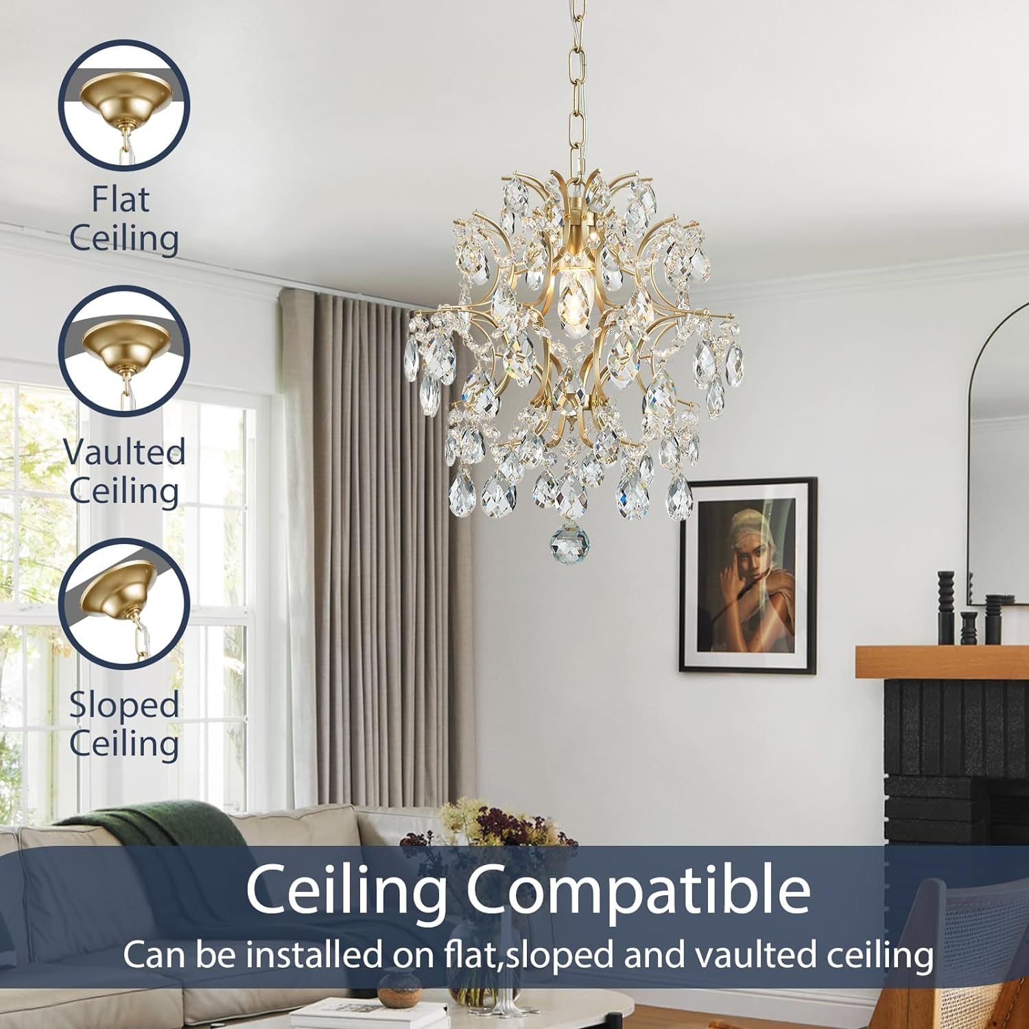 BESTIER Moderne gouden kroonluchter kristal regendruppels verlichting plafondlamp eetkamer badkamer slaapkamer woonkamer 1 E27 noodzakelijke lamp d32 cm x h 40 cm