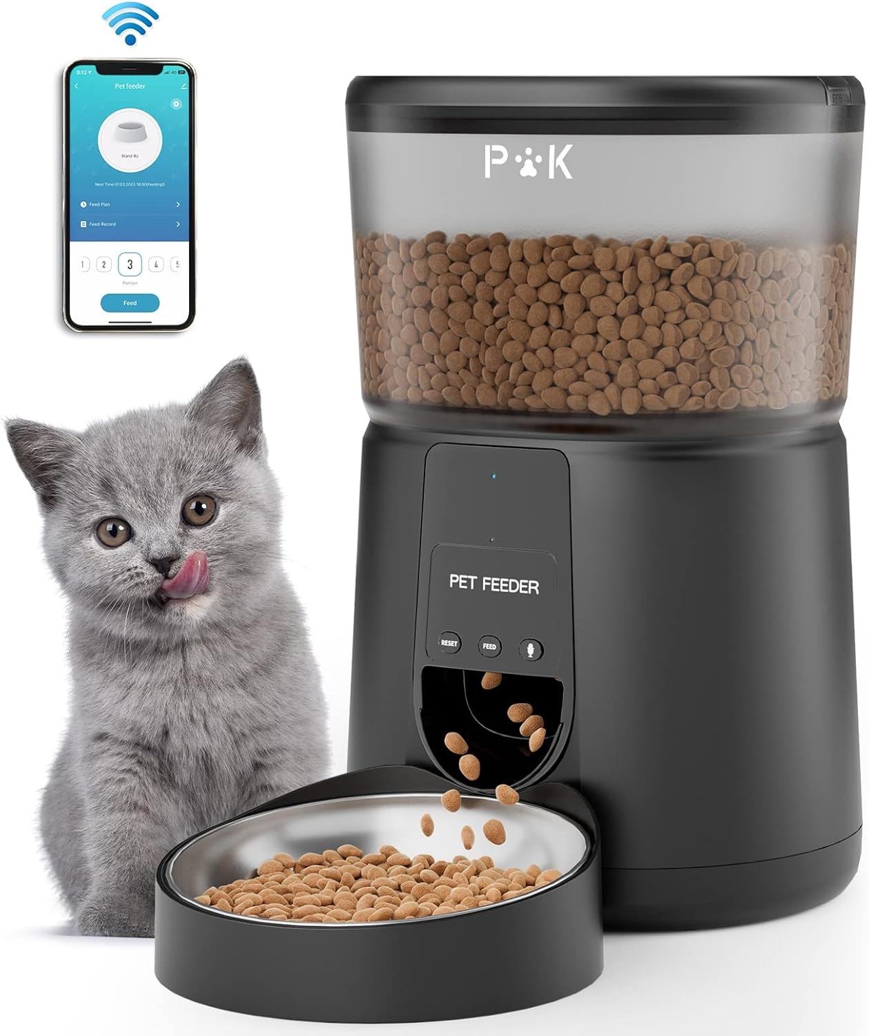 PUPPY KITTY Voederautomaat voor katten en honden, 2,4 G wifi, intelligente kattenvoer-automaat met roestvrijstalen kom voor droogvoer, app-bediening, spraakopname, 1 - 10 maaltijden per dag