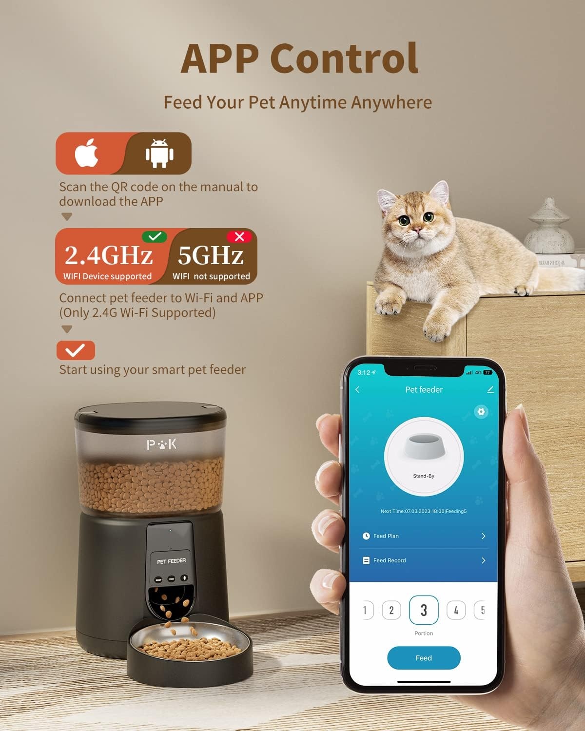 PUPPY KITTY Voederautomaat voor katten en honden, 2,4 G wifi, intelligente kattenvoer-automaat met roestvrijstalen kom voor droogvoer, app-bediening, spraakopname, 1 - 10 maaltijden per dag
