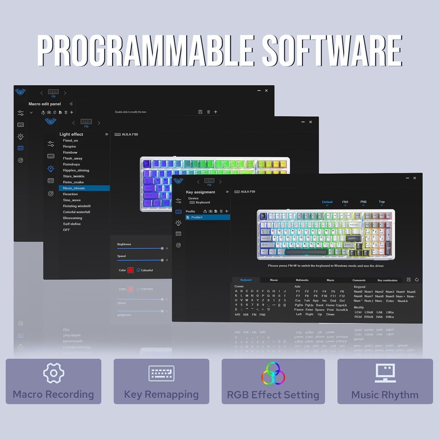 EPOMAKER x AULA F99 Draadloos Mechanisch Toetsenbord, Hot Swappable Pakking Aangepast Gaming Toetsenbord met Vijf Lagen Vulling, Bluetooth/2.4GHz/USB-C, RGB, 8000mAh Batterij (Paars, Graywood Switch)