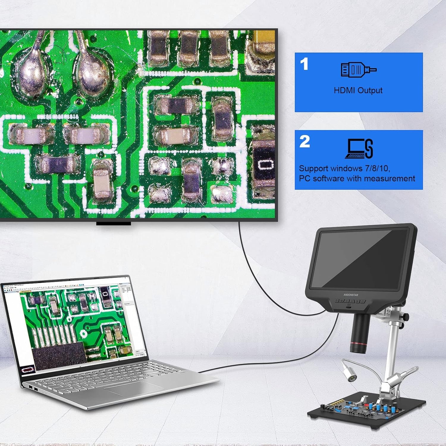 Andonstar AD409 Pro HDMI digitale microscoop, 10,1 inch soldeermicroscoop, 300X USB elektronische microscoopcamera voor professioneel PCB-solderen, printplaat, ondersteunt Windows-pc