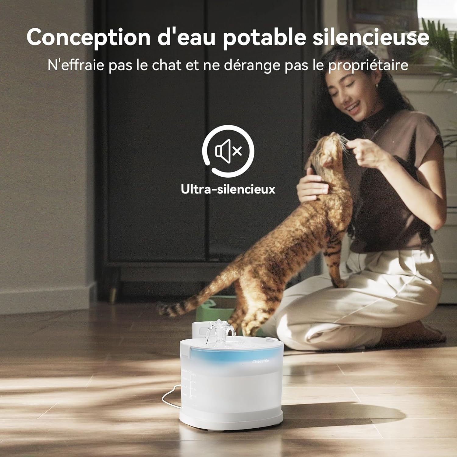 Cheerble Kattenfontein, 2 liter, zonder pomp, drinkfontein voor katten met bewegingsmelder, BPA-vrij, 23 dB ultralicht, eenvoudige reiniging, waterfontein voor katten en kleine dieren (Elfin E1)