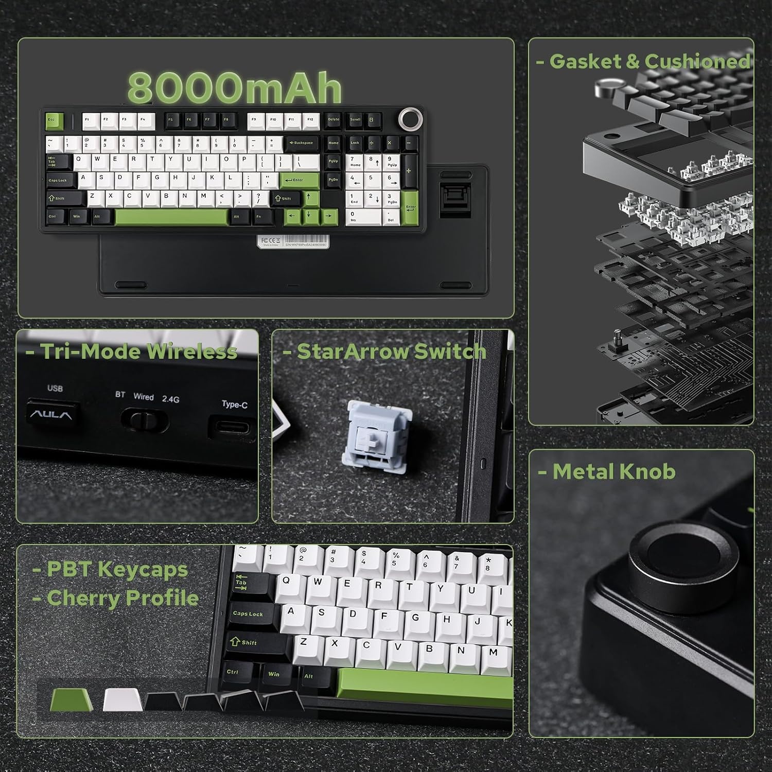 EPOMAKER X Aula F99 PRO Draadloos Gaming Mechanisch Toetsenbord 96% Zwart Wit Groen met 8000mAh Batterij en Draaiknop