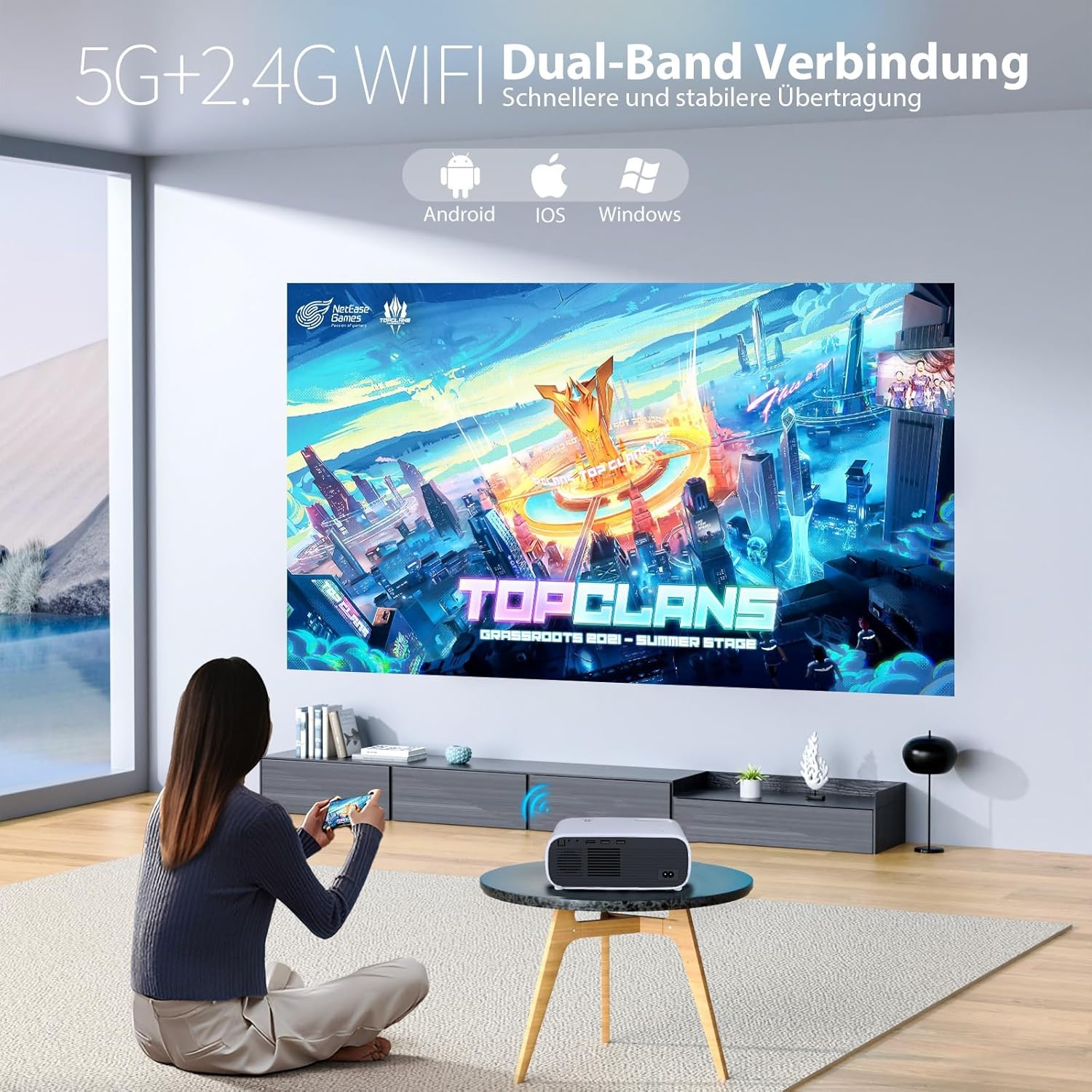 2025 high-performance projector, compatibel met Switch en PS5 zonder vertraging, projector met wifi en bluetooth, 20.000 lumen, 4K-compatibel, Full HD-resolutie 1080P, hoge helderheid