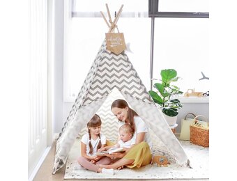 Inklapbare Tipi Kindertent met Mat & Lichtjes (Grijs Canvas) - 29% Korting!