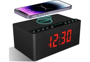 Digitale Wekkerradio Houtnerf: Wekker, Draadloze Lader & FM Radio (35% KORTING)