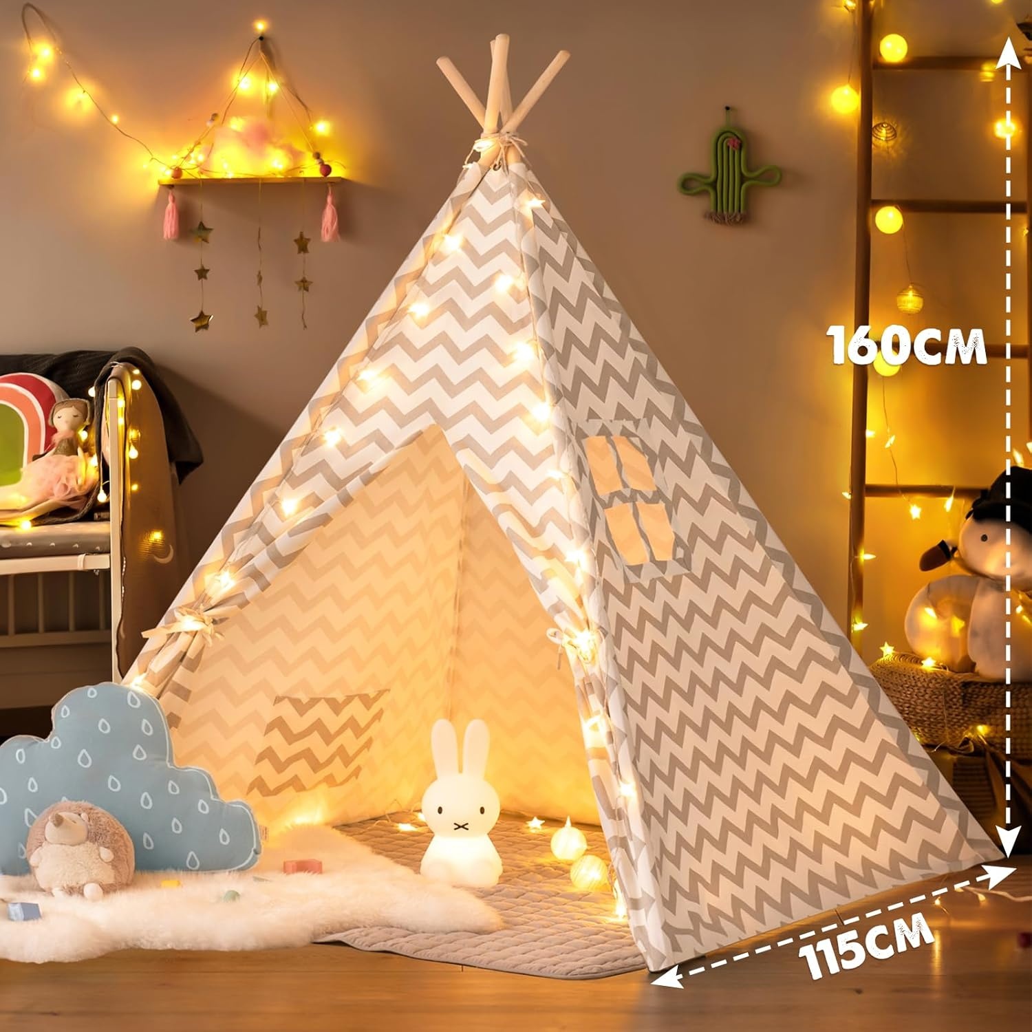 Inklapbare Tipi Kindertent met Mat & Lichtjes (Grijs Canvas) - 29% Korting!