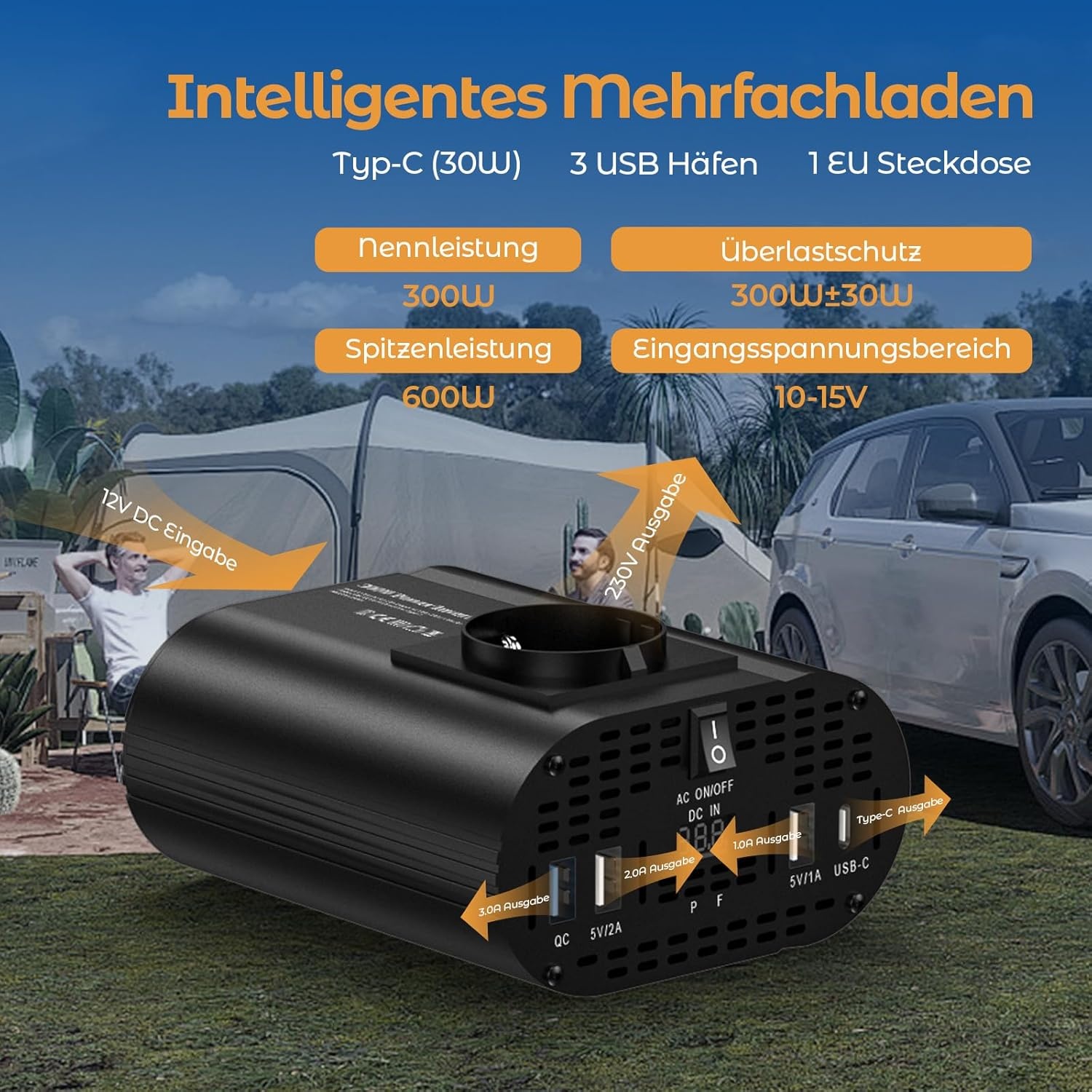 300W Auto-omvormer 12V -> 220V met 30W USB-C & Snellader - 33% Korting!