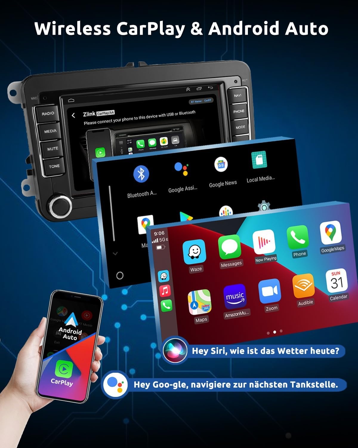 Essgoo Android 14 Autoradio met 7" Touchscreen, CarPlay & Android Auto voor VW Golf, Polo, Passat, Seat