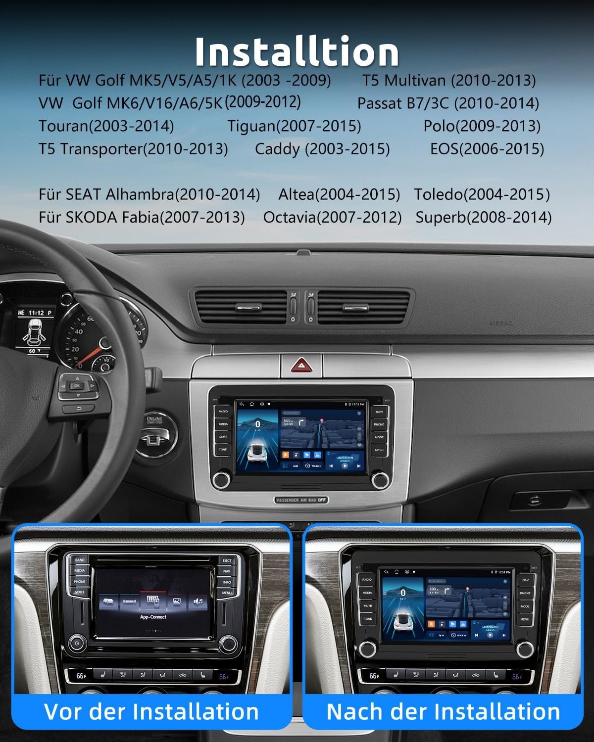 Essgoo Android 14 Autoradio met 7" Touchscreen, CarPlay & Android Auto voor VW Golf, Polo, Passat, Seat