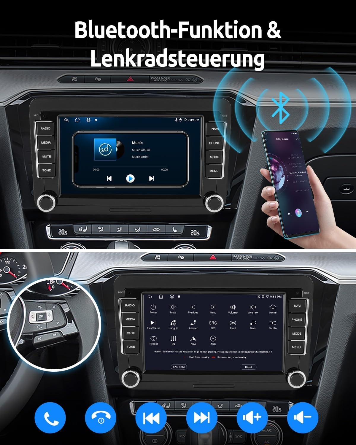 Essgoo Android 14 Autoradio met 7" Touchscreen, CarPlay & Android Auto voor VW Golf, Polo, Passat, Seat