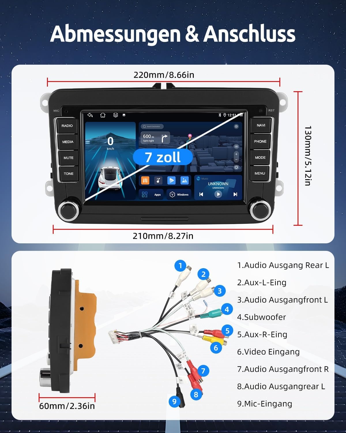 Essgoo Android 14 Autoradio met 7" Touchscreen, CarPlay & Android Auto voor VW Golf, Polo, Passat, Seat