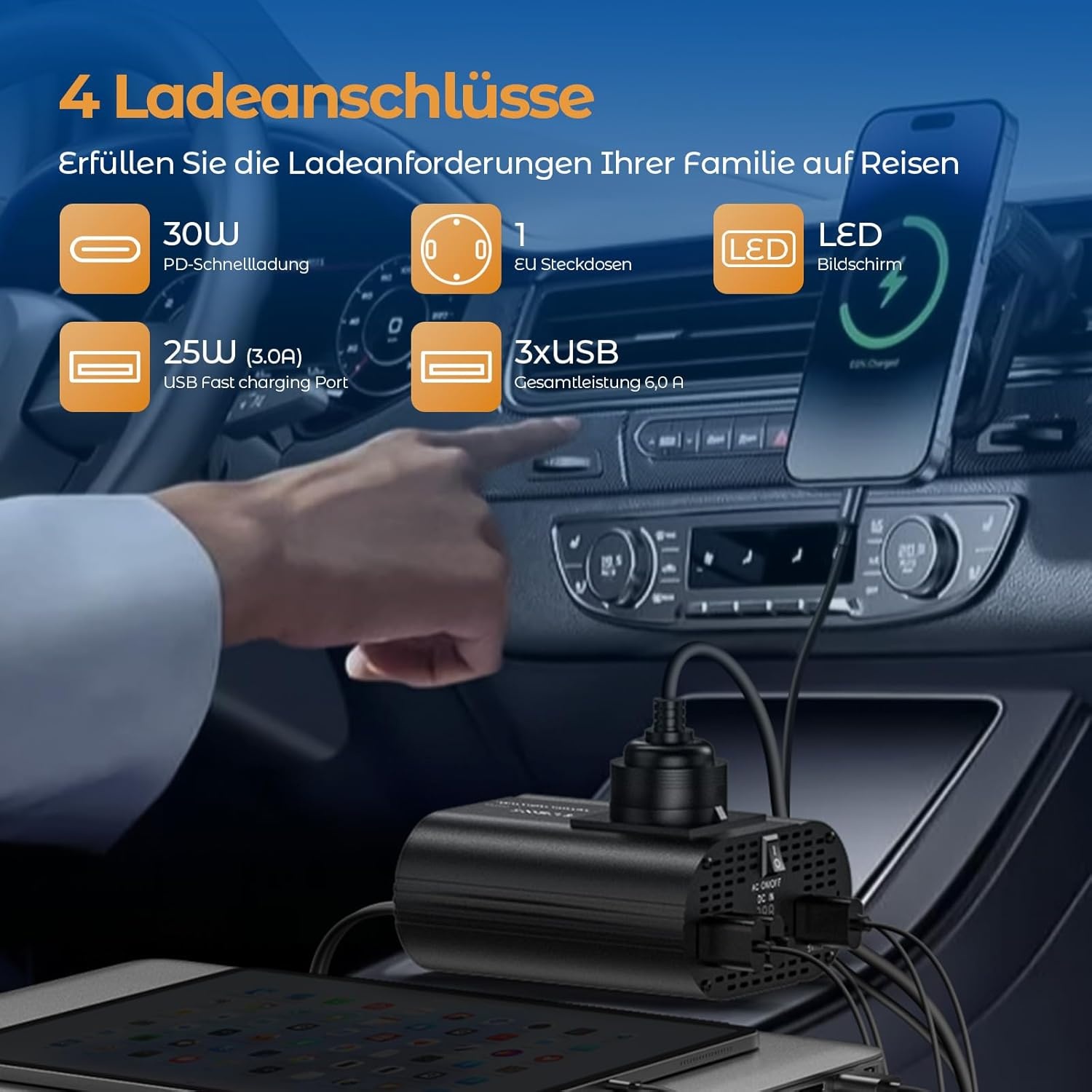 300W Auto-omvormer 12V>220V + USB-C PD 30W (33% KORTING)