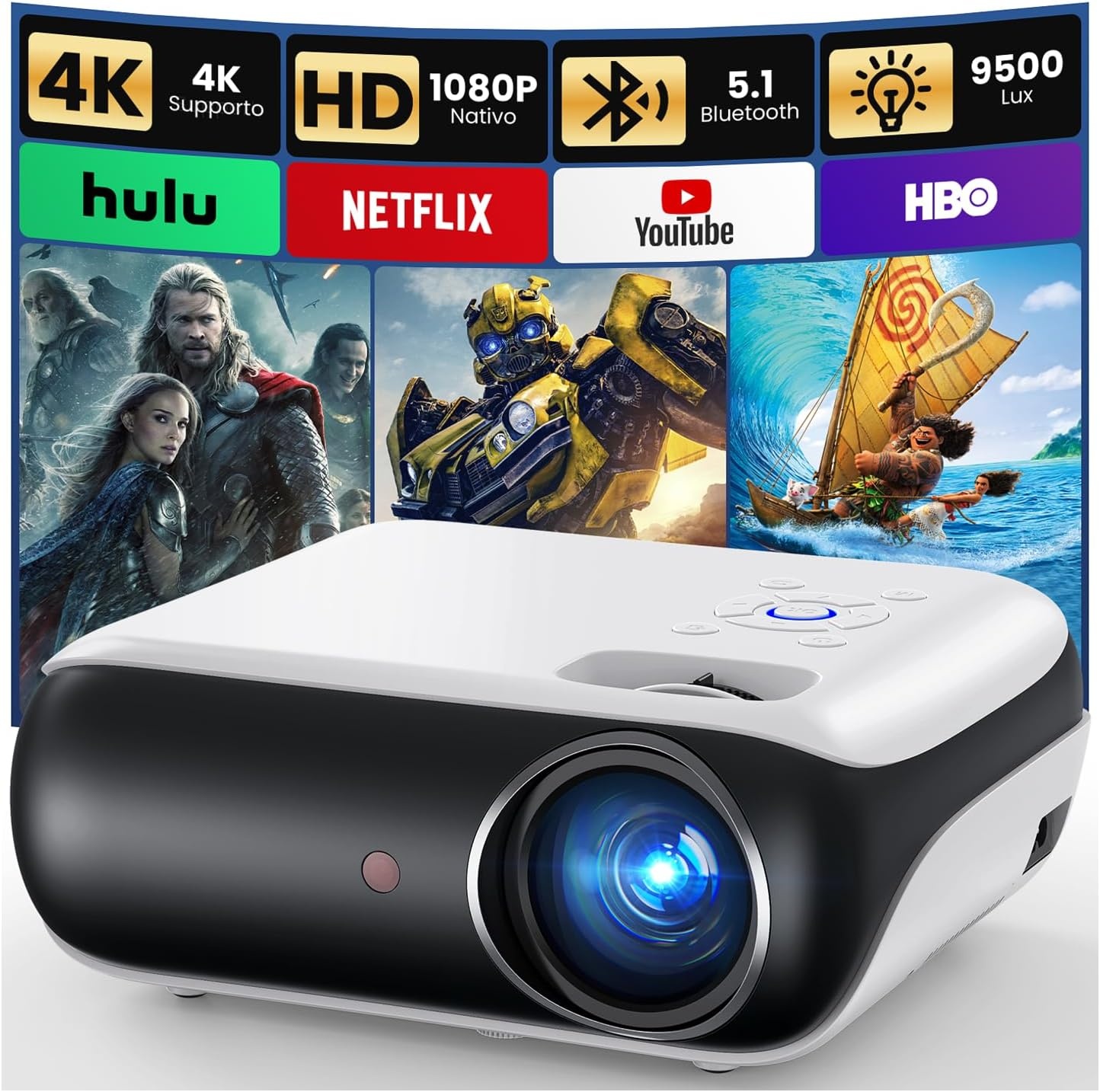 Mini 4K Projector, HAPPRUN Geüpgradede Draagbare Projector met Native 1080P, Bluetooth 5.1 voor Buiten, Compatibel met TV-Stick, Smartphone, Laptop, HDMI, USB