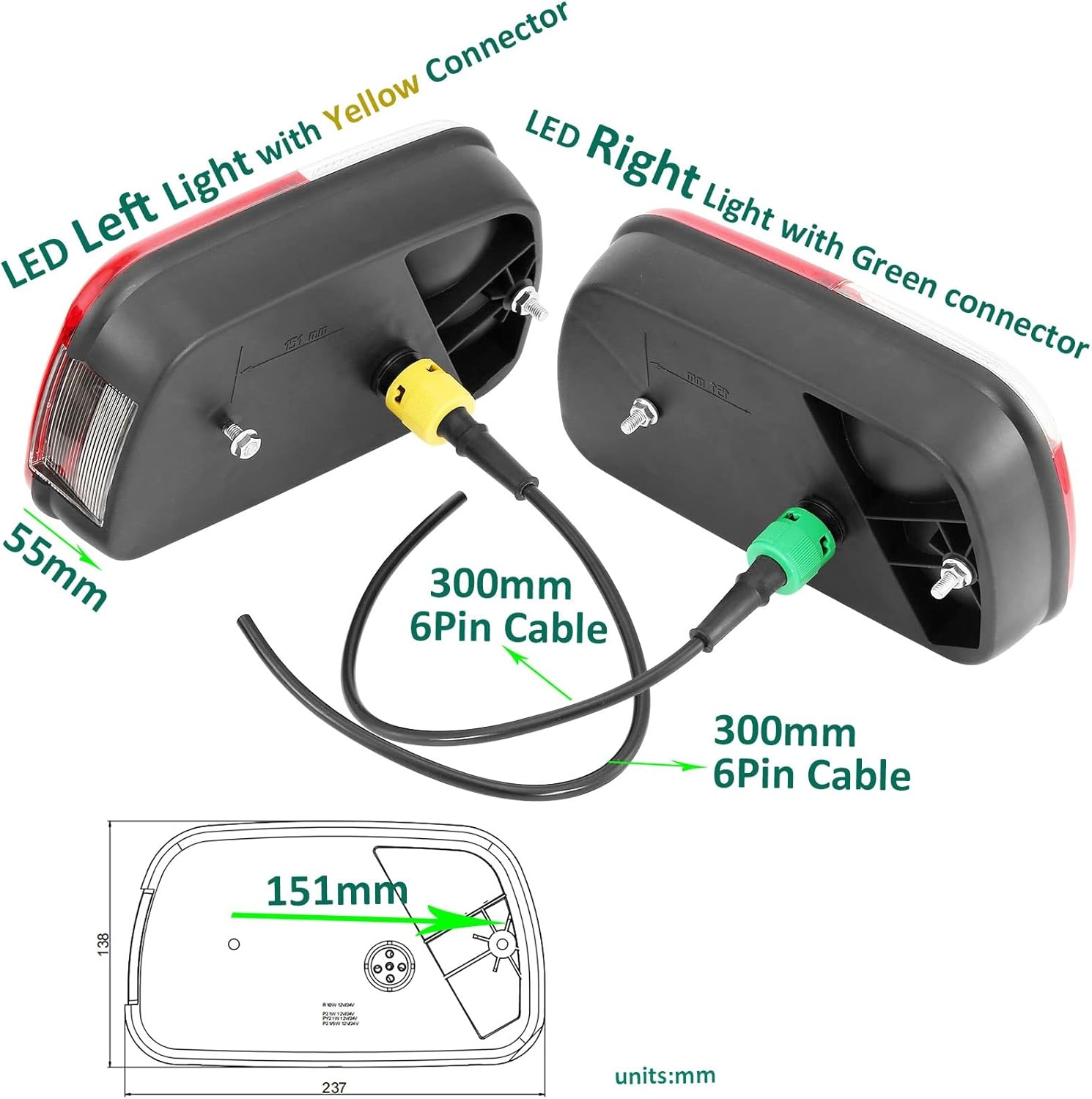 Achterlichten voor aanhangers, 12 V, merk E11, waterdicht, 7 functies, 2 x 6 pinnen, bajonetaansluiting, 30 cm, verlichting, aanhanger, tractor, mistverlichting, achteruitrijlicht, voor