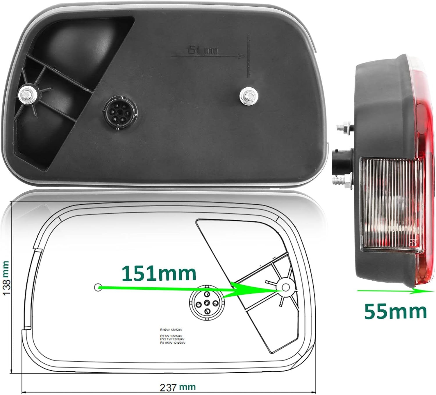 Achterlichten voor aanhangers, 12 V, merk E11, waterdicht, 7 functies, 2 x 6 pinnen, bajonetaansluiting, 30 cm, verlichting, aanhanger, tractor, mistverlichting, achteruitrijlicht, voor
