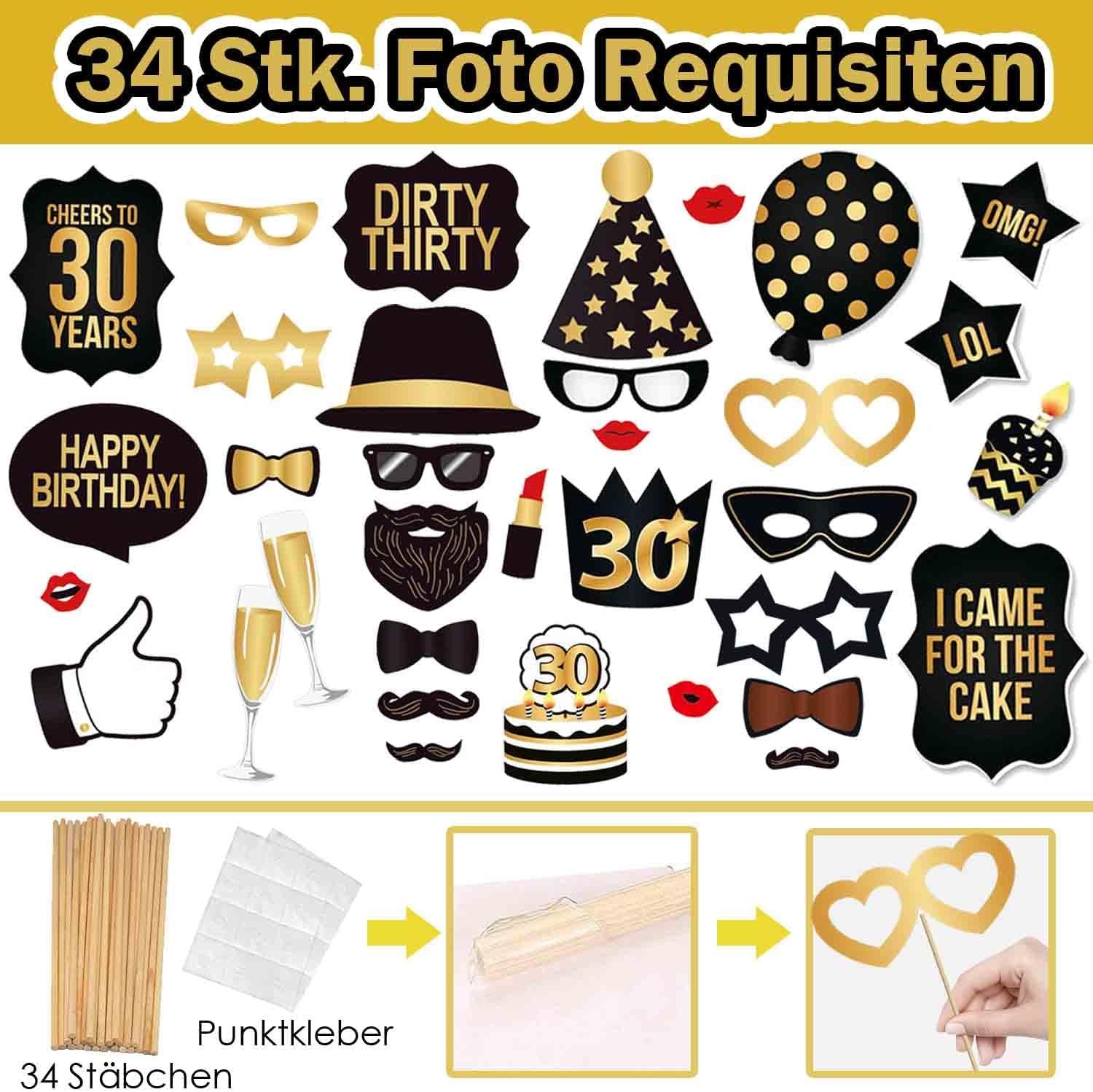 Fotobooth Accessoires Set 30e Verjaardag met Opblaasbaar Fotolijst & 34 Props - Veelkleurig