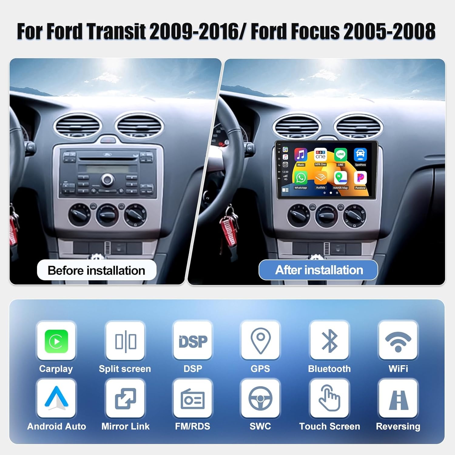 Autoradio Android 15 voor Ford Transit (09-16) & Focus (05-08), 9 inch scherm, Carplay, Android Auto, GPS, 2GB RAM, 64GB ROM