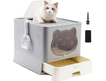 Volledig Afgesloten Kattenbak met Lade, Extra Groot en Opvouwbaar (Grijs)