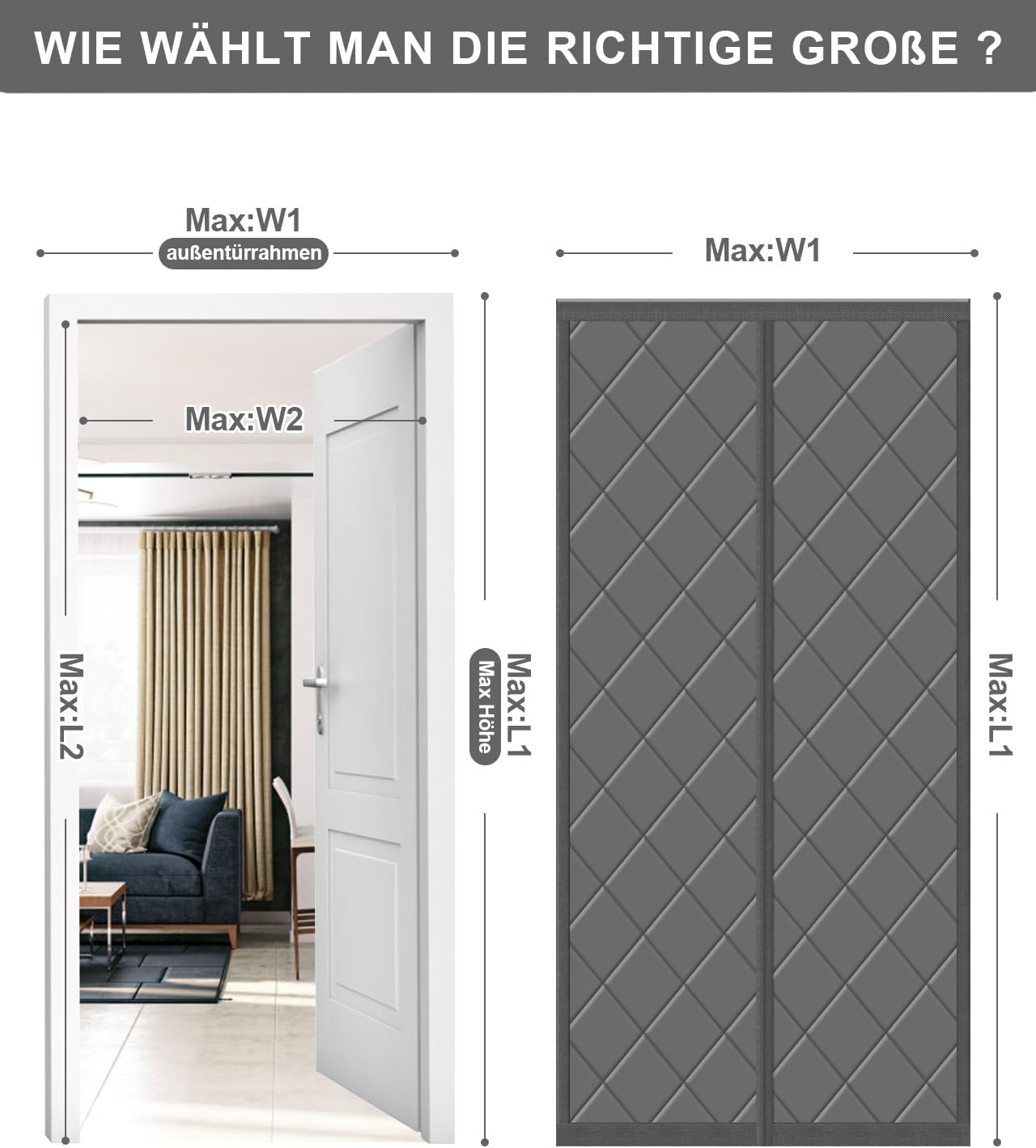 HOWIN Thermisch Deur Isolatiegordijn Magneet 90 x 200 cm Grijs