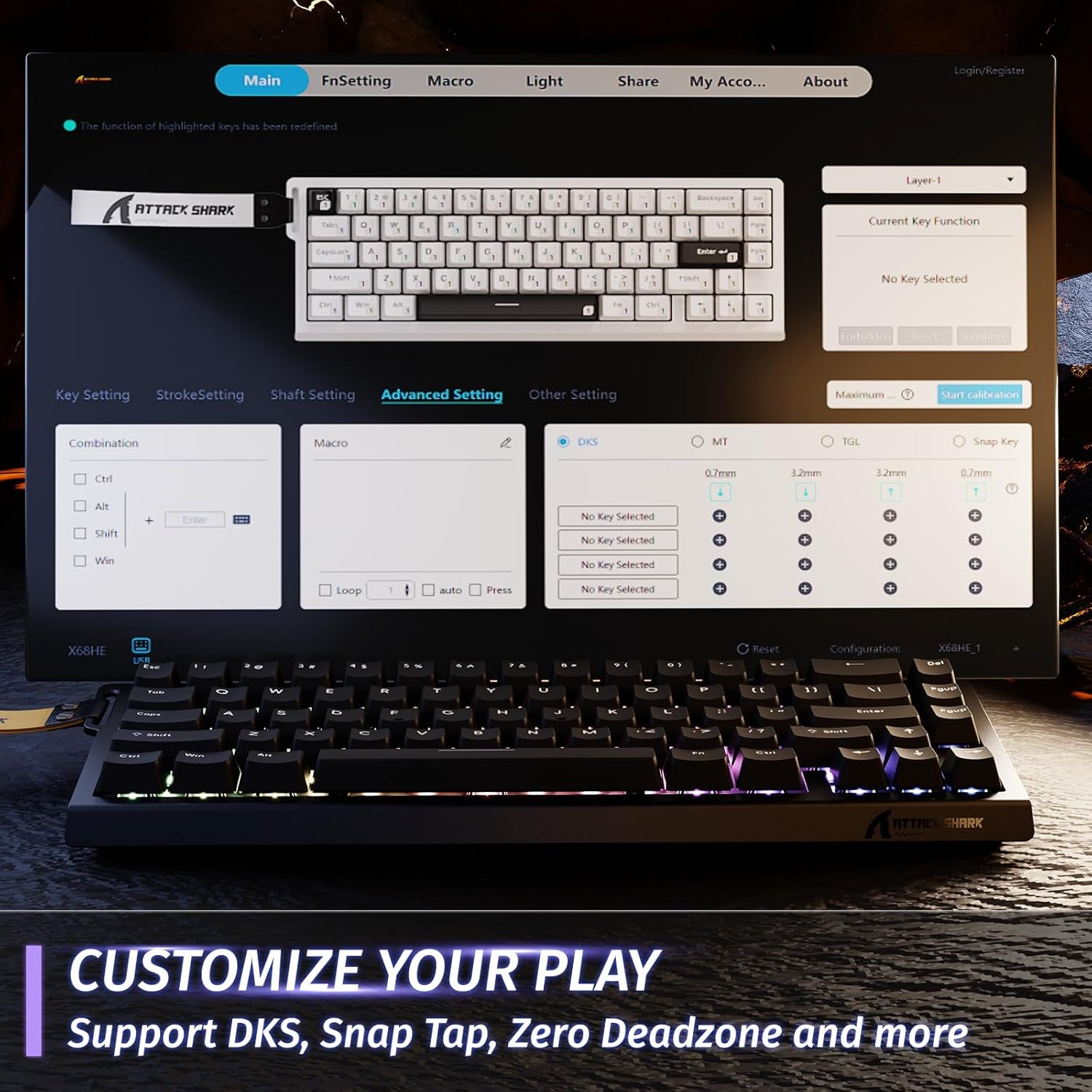 ATTACK SHARK X68 HE 8000Hz Rapid Trigger Toetsenbord, 0.01mm RT Nauwkeurigheid Bedraad Gaming Toetsenbord, Magnetische Schakelaar, Verstelbare Actuatie, Snap Tap, RGB Verlichting, PC/Mac, Zwart