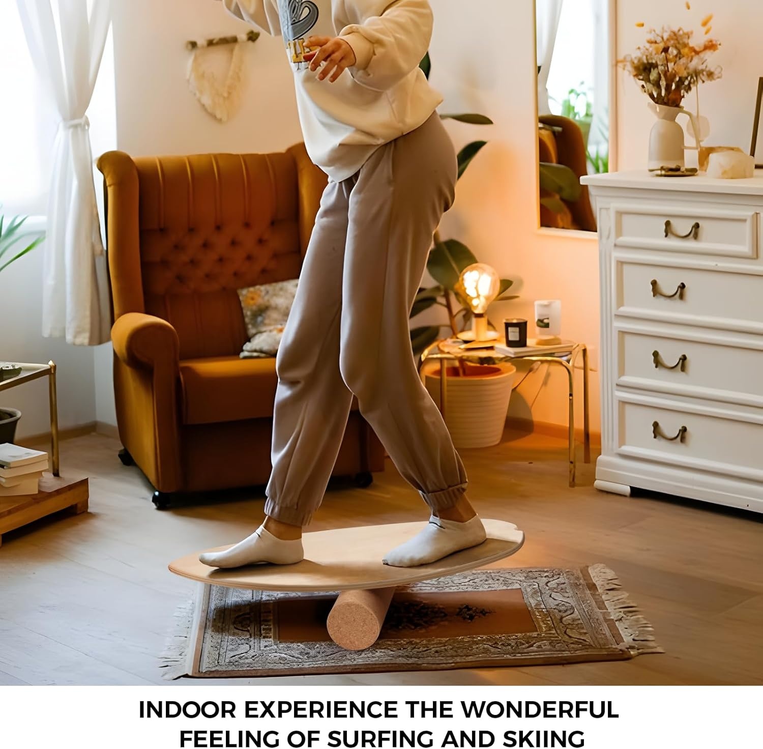 Cowiewie Balance Board met Korkrol 10cm - Houtkleur, 150kg belastbaar