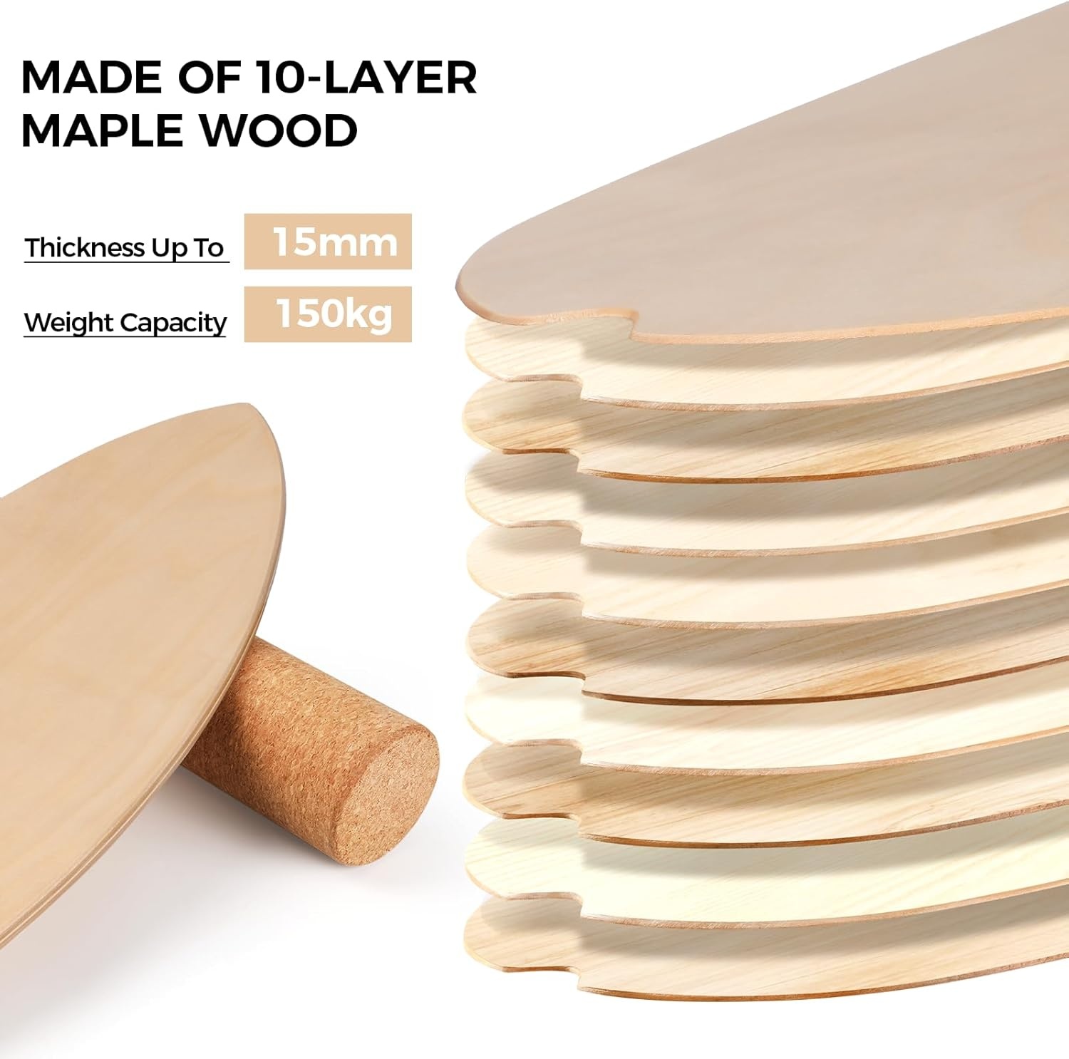 Cowiewie Balance Board met Korkrol 10cm - Houtkleur, 150kg belastbaar