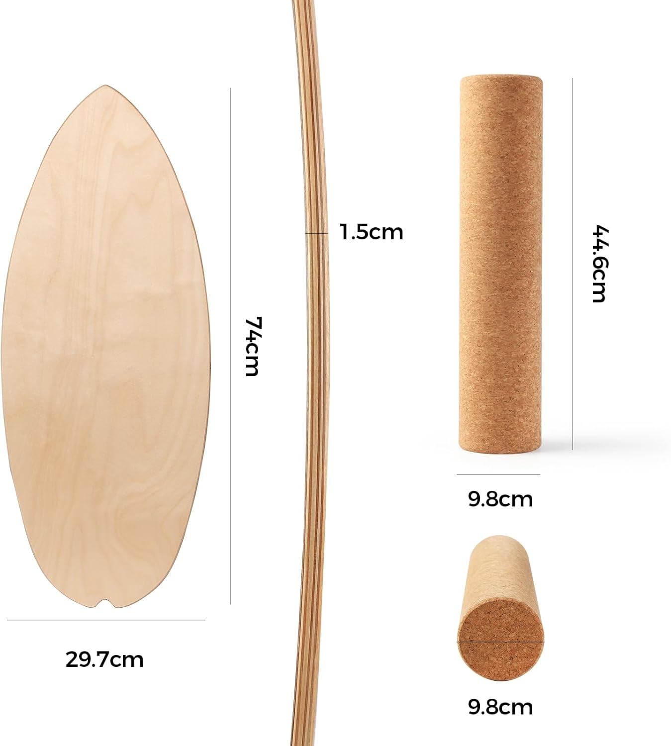 Cowiewie Balance Board met Korkrol 10cm - Houtkleur, 150kg belastbaar