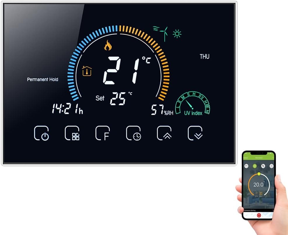 Programmeerbare Wifi Thermostaat met UV-index, vochtweergave, vergrendeling, spraakbediening en 4.8 inch LCD-touchscreen