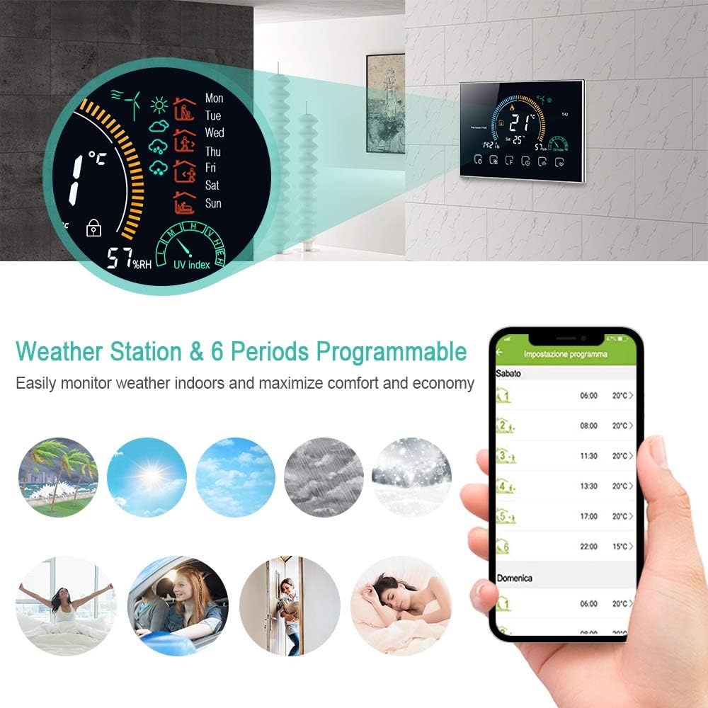 Programmeerbare Wifi Thermostaat met UV-index, vochtweergave, vergrendeling, spraakbediening en 4.8 inch LCD-touchscreen