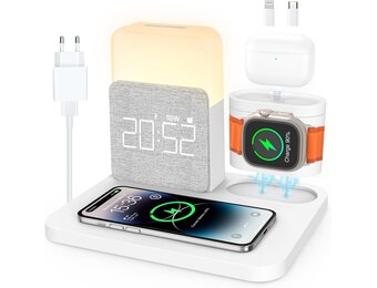 Draadloos 5-in-1 Laadstation met Wekker & Bedlamp - Wit - 34% Korting