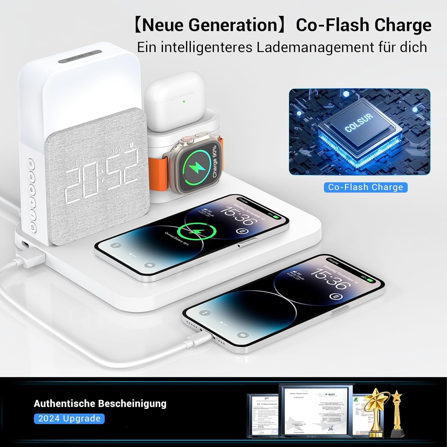 Draadloos 5-in-1 Laadstation met Wekker & Bedlamp - Wit - 34% Korting