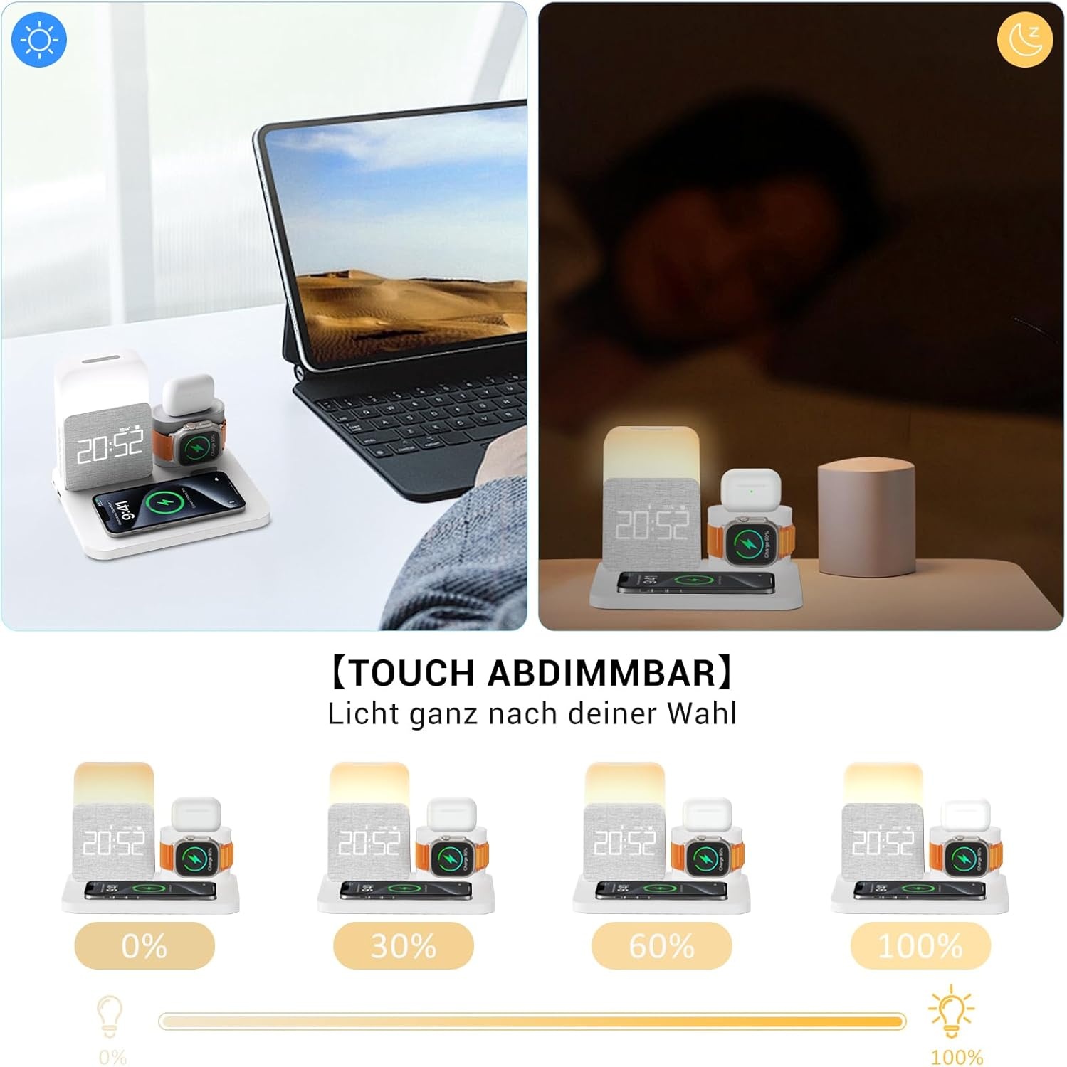 Draadloos 5-in-1 Laadstation met Wekker & Bedlamp - Wit - 34% Korting