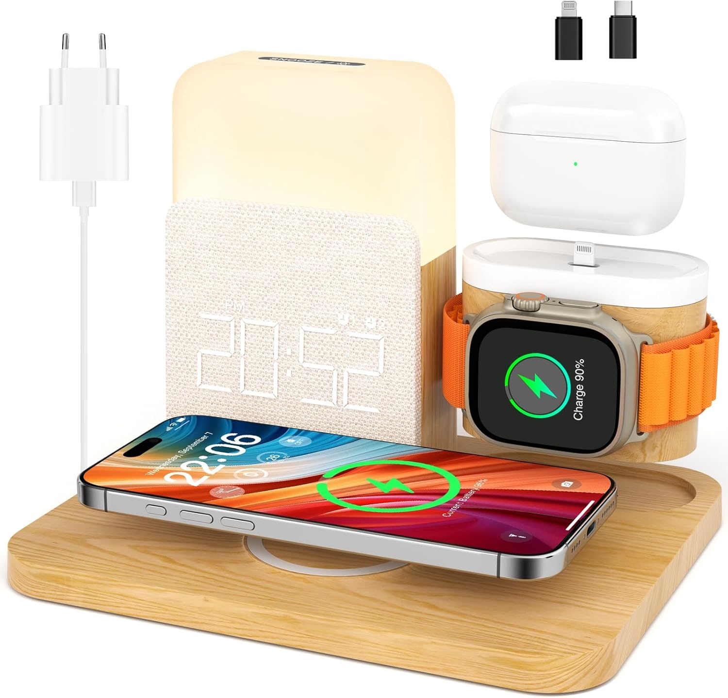 Draadloos 5-in-1 Laadstation met Wekker & Bedlamp - Wit - 34% Korting