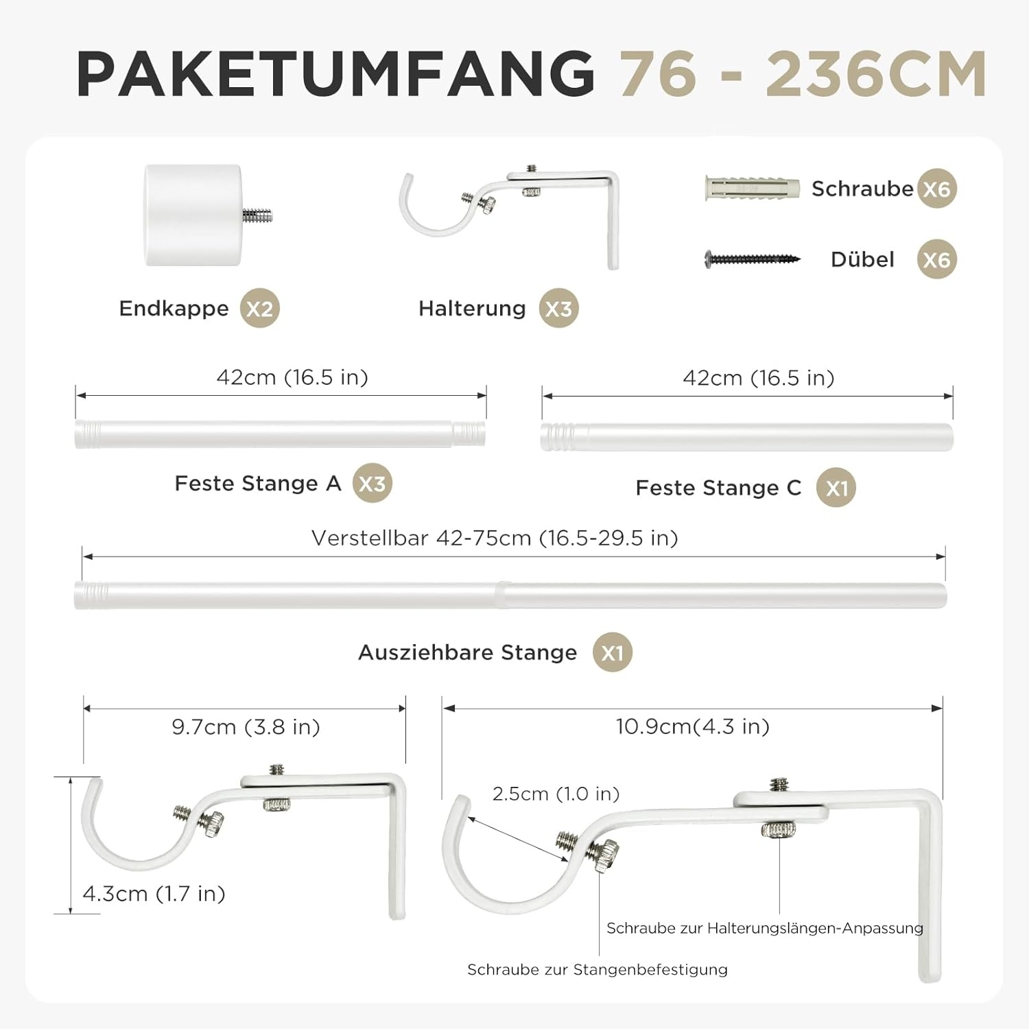 Verstelbare Gordijnroede Wit 76-236 cm (28% Korting)