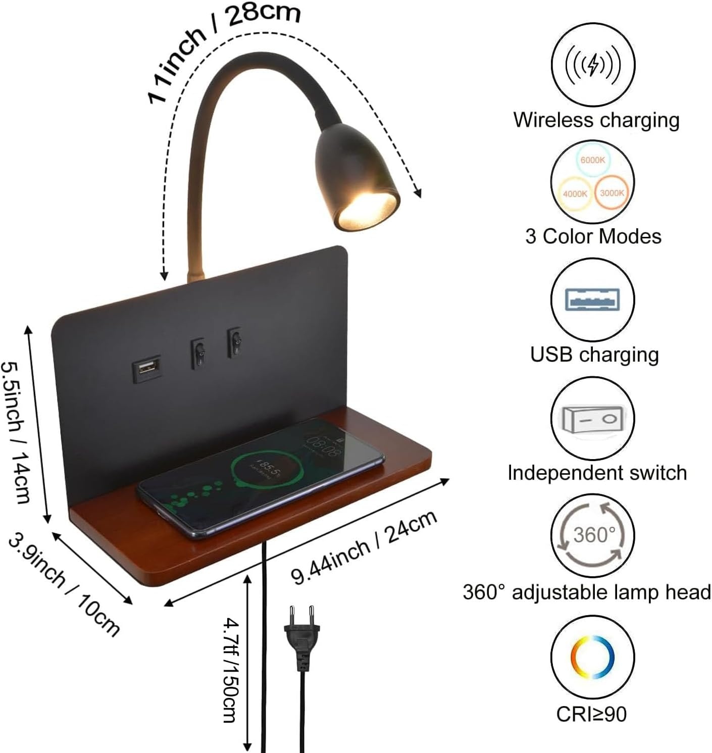 Zwarte Wandlamp met Draadloze Oplader & USB - 3 Kleuren (36% Korting)