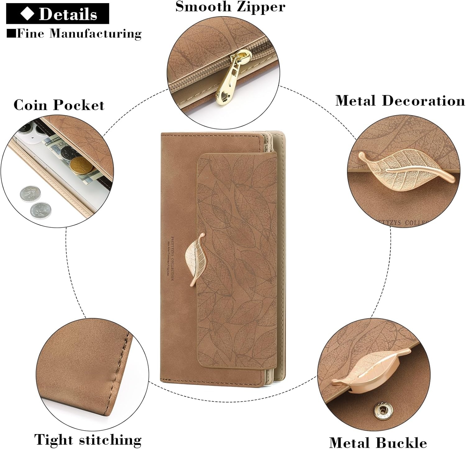 Dames portemonnee leer groot met rits, kaarthouder, drukknoopsluiting en bladmotief